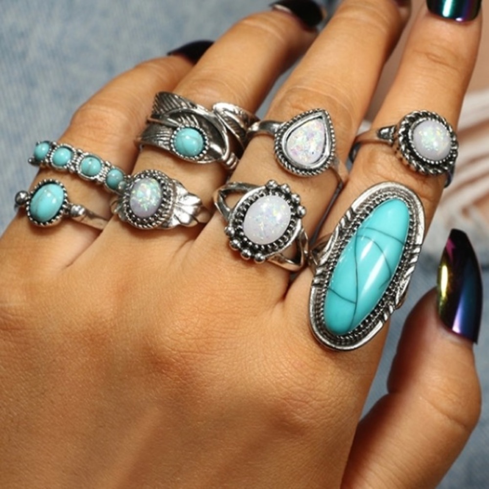 8 Pc Boho Turquoise & Silver Ring Set NEW!! - Picture 4 of 4